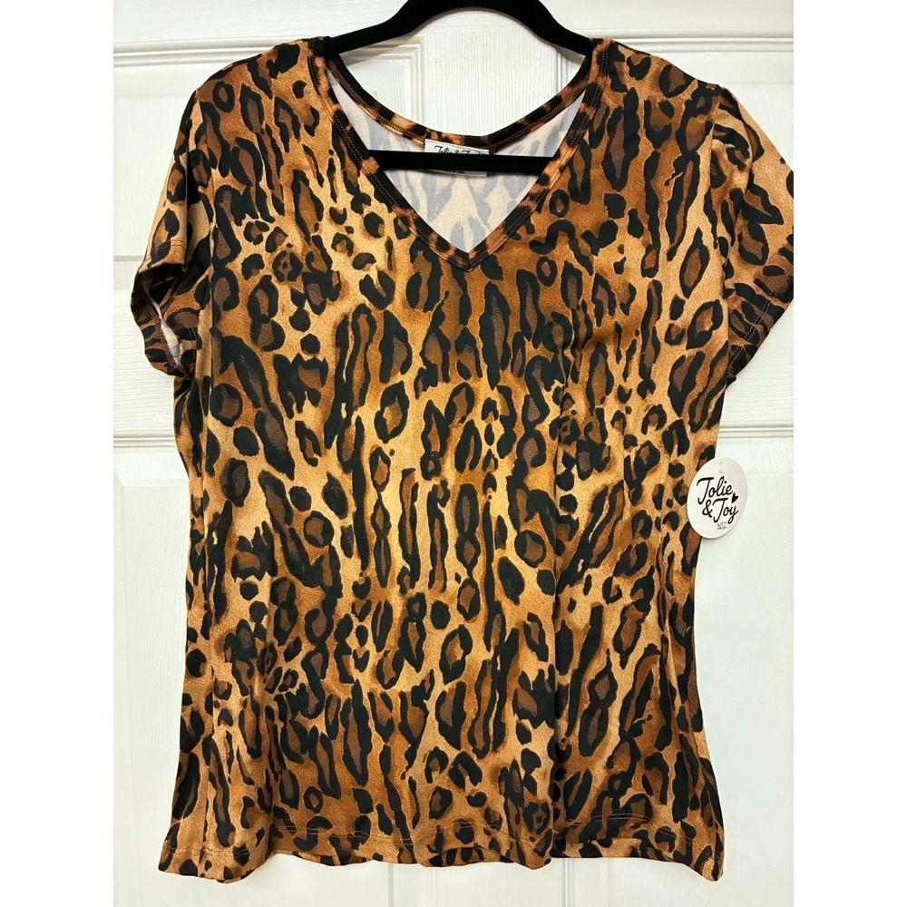 Jolie & Joy Top Womens 1X Leopard Print V-Neck Short Sleeve Stretch Casual